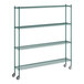 A green metal Regency wire shelving unit with wheels.