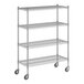 A Regency chrome wire shelving unit with wheels and four shelves.