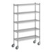 A Regency chrome mobile wire shelving unit with wheels.