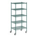 A Regency green wire shelving unit with wheels.