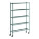 A Regency green metal wire shelving unit with wheels.