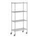 A Regency chrome wire shelving unit on wheels with 4 shelves.