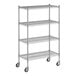 A Regency chrome mobile wire shelving unit with 4 shelves and wheels.