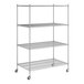 A Regency chrome mobile wire shelving unit with four shelves.