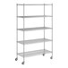 A Regency chrome wire shelving unit with wheels and four shelves.