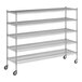 A Regency chrome wire shelving unit with wheels.