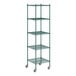 A Regency green wire shelving unit with wheels.