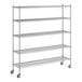 A Regency stainless steel wire shelving unit with wheels.