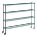 A Regency green metal wire shelving starter kit with four shelves and wheels.