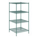 A Regency green wire shelving unit with four shelves.