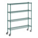 A Regency green metal wire shelving unit with wheels.