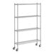 A Regency stainless steel wire shelving unit with wheels.