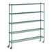 A green metal Regency wire shelving unit with wheels.