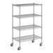 A Regency chrome wire shelving unit with wheels.