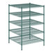 A green metal wire shelving unit with five shelves.