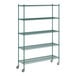 A green metal Regency wire shelving unit with wheels.