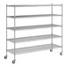 A Regency chrome wire shelving unit with wheels and four shelves.