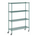 A Regency green wire shelving unit with wheels.