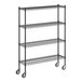 A black wire shelving unit with wheels.