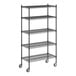 A Regency black wire shelving unit on wheels.