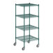 A Regency green wire shelving unit with wheels.