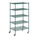 A green Regency wire shelving unit with 5 shelves.