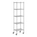 A Regency chrome wire shelving unit with wheels.