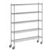 A white wireframe of a Regency chrome mobile wire shelving unit with wheels.