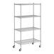 A Regency chrome wire shelving unit with wheels.