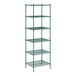 A Regency green metal wire shelving unit with six shelves.