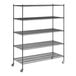 A Regency black wire shelving unit with wheels.