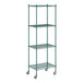 A Regency green wire shelving unit on wheels with 4 shelves.