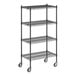 A black wire Regency shelving unit with wheels.