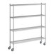 A Regency stainless steel wire shelving unit with wheels.