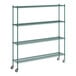 A green metal Regency wire shelving unit with wheels.