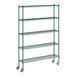 A Regency green epoxy wire shelving unit with wheels.