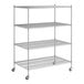 A Regency chrome mobile wire shelving unit with 4 shelves and wheels.