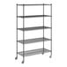 A Regency black wire shelving starter kit with wheels and five shelves.