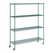 A green metal Regency wire shelving unit with wheels.