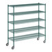 A Regency green metal wire shelving unit with wheels.