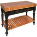 A John Boos wooden kitchen island with two drawers.