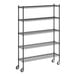 A black wire Regency mobile shelving unit with 5 shelves and wheels.