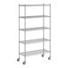 A Regency chrome mobile wire shelving unit with 5 shelves and wheels.