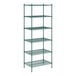 A green metal Regency wire shelving unit with six shelves.