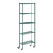 A Regency green metal shelving unit with wheels.