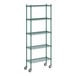 A Regency green wire shelving unit with wheels.