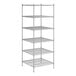 A wireframe of a Regency chrome stationary wire shelving unit with six shelves.