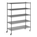 A Regency black wire shelving unit with wheels and five shelves.