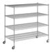 A Regency chrome wire shelving unit with wheels and four shelves.