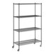 A Regency black wire shelving unit with wheels and 4 shelves.